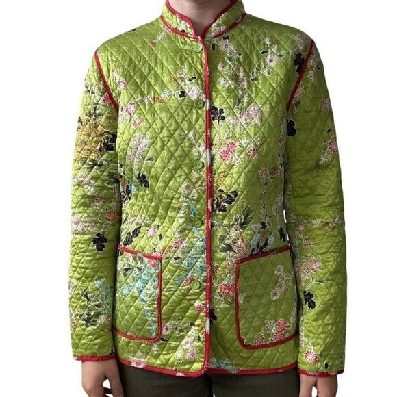 Vintage Y2K Womens 100% Silk Green Japanese Floral Chore Quilted Jacket Sz L - Picture 3 of 7